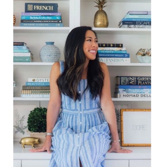 NWOT Women's DRAPER‎ JAMES Striped Linen Blue Apron Midi Dress | Size 12 - Picture 2 of 13